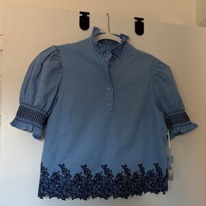 NWT Chic Blue Eliza Blouse with Navy Embroidery